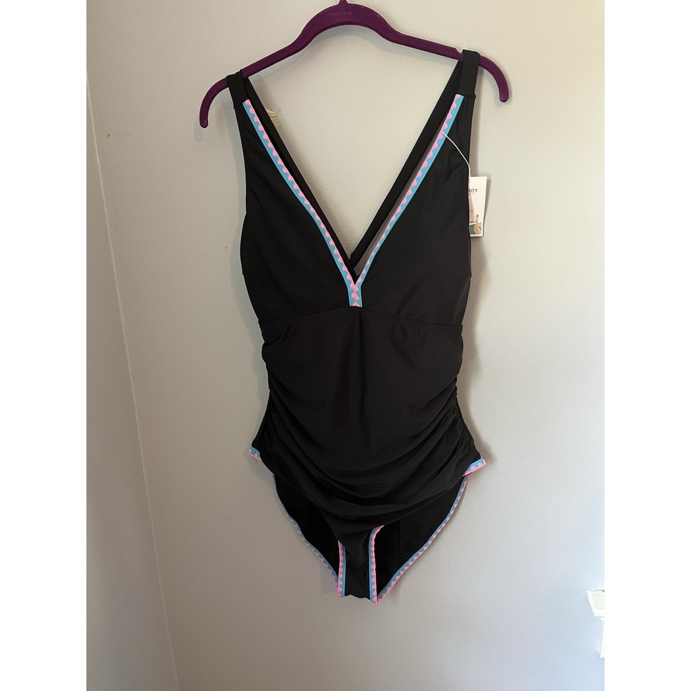 B2prity Women's One Piece Swimsuit V-Neck, Tie Back, XL Black With Pink Blue Dtl